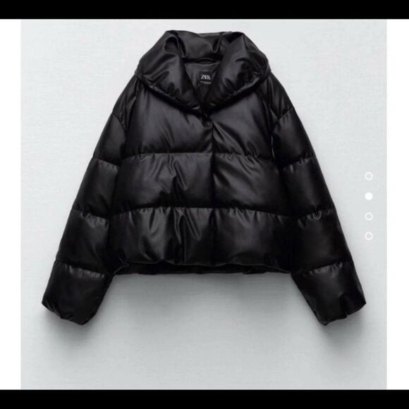 🔥Zara Black Puffer Jacket faux leather sz Small New - Picture 4 of 6